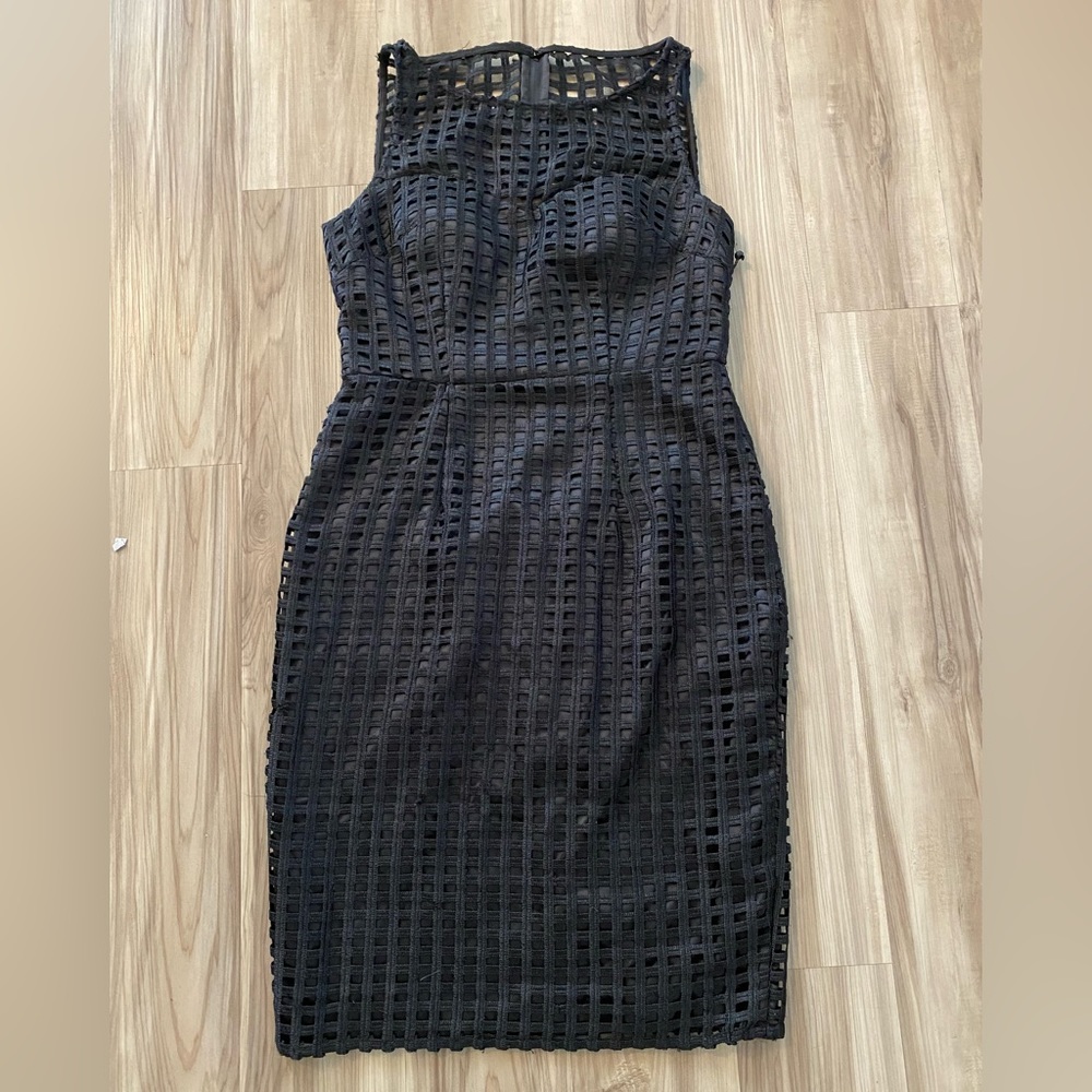 NWT Adrianna Papell Back Cut Out Grid Cage Black Dress Size 10